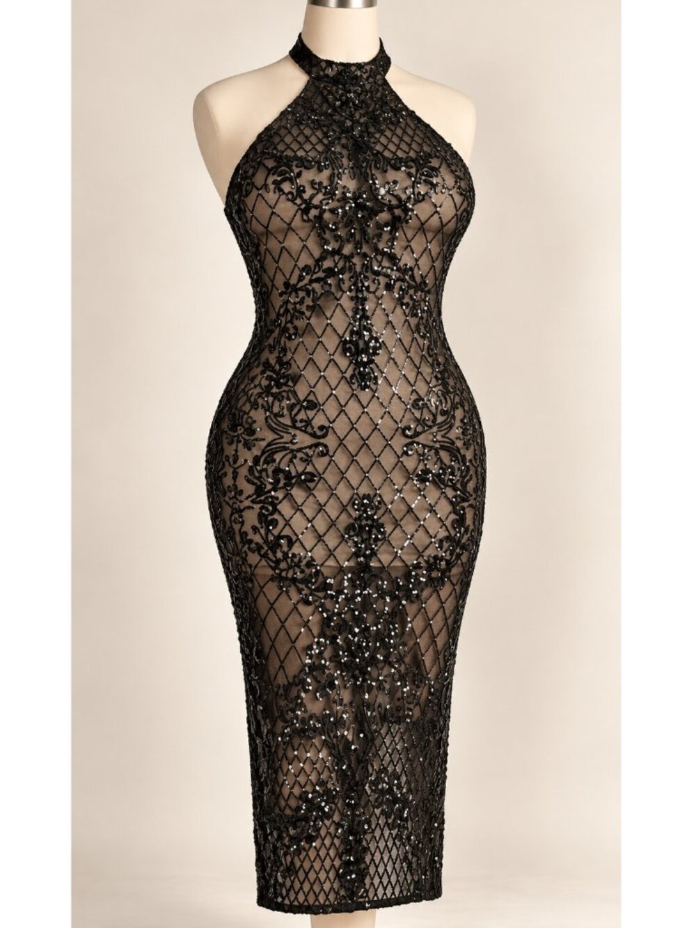 Emprada Black Nude Sequin Halter Midi Bodycon Cocktail Dress L